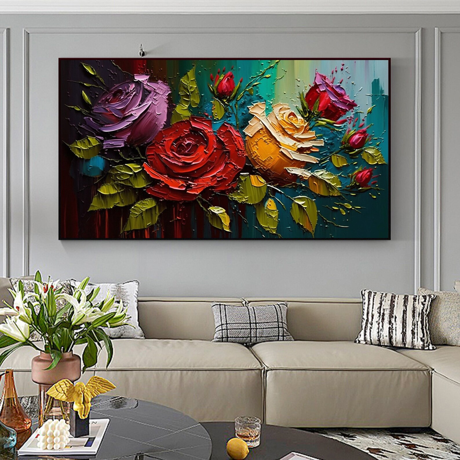 Large Original Red Rose Oil Painting on Canvas, Abstract Blooming Roses