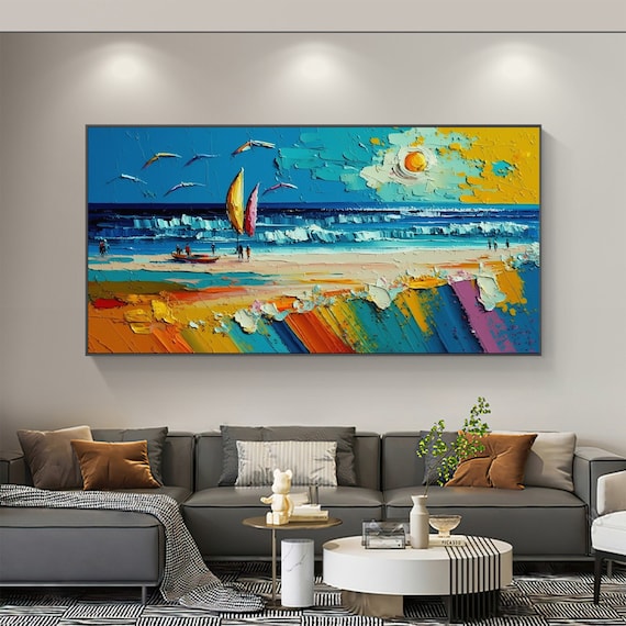 Abstract Seascape Oil Painting, Extra Large Coastal Wall Art, Sailing Boat Décor