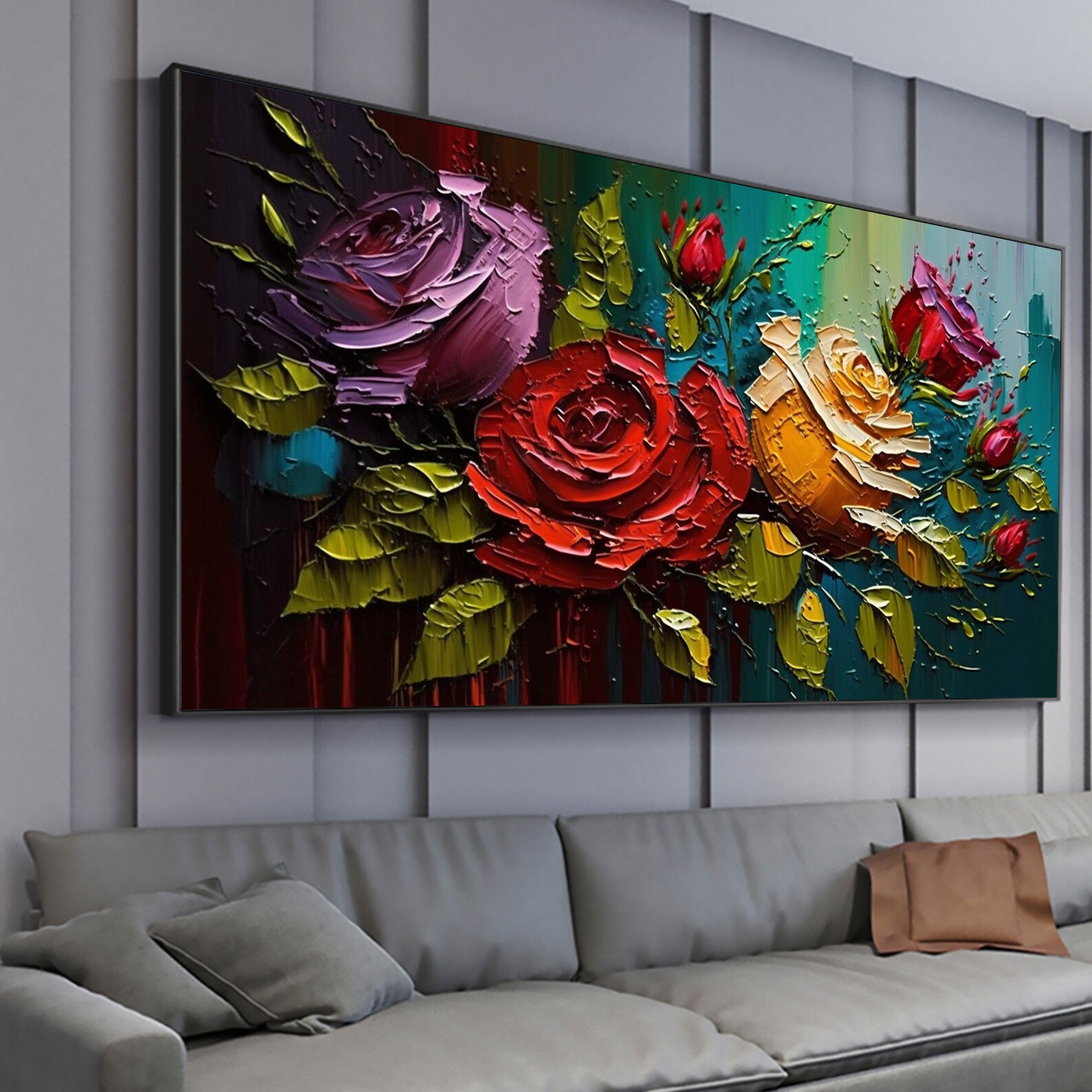 Large Original Red Rose Oil Painting on Canvas, Abstract Blooming Roses
