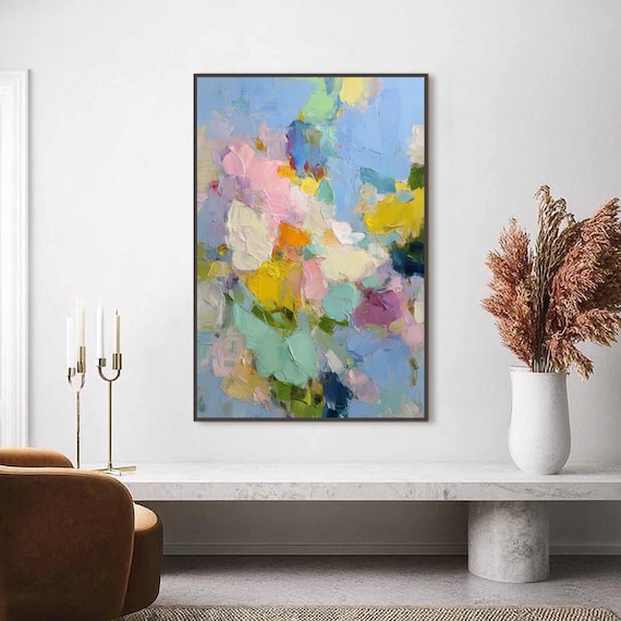 Textured Impasto Floral Painting, Modern Pastel Wall Art, Large Pink Blue Canvas