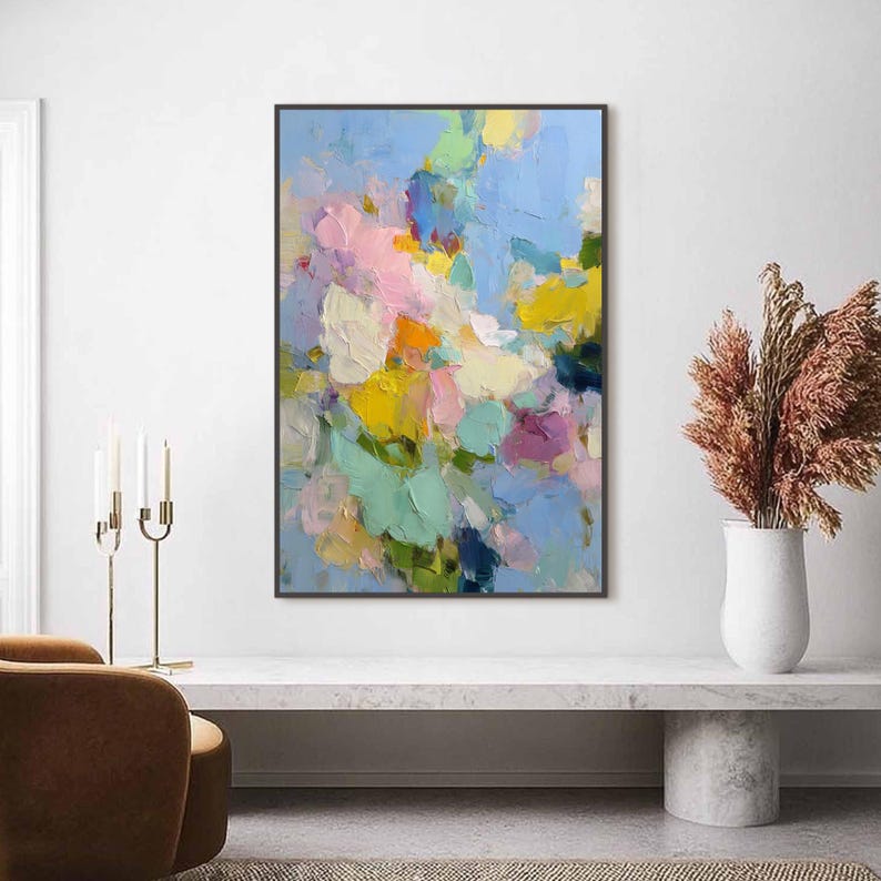 Colorful Abstract Floral Painting, Textured Impasto Flower Art, Modern Pastel Wall Decor, Dopamine Decor, Large Pink and Blue Painting