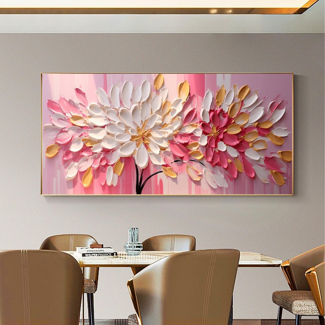 Textured Floral Oil Painting on Canvas, Abstract Pink Blossom Wall Art ...