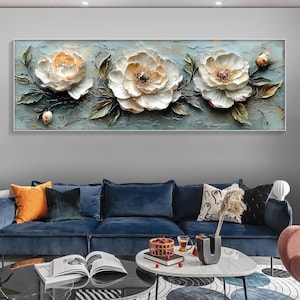 Large Original Floral Oil Painting On Canvas, Abstract Horizontal 3D Textured Flower Wall Art,Panoramic Custom Painting,Living Room Wall Art