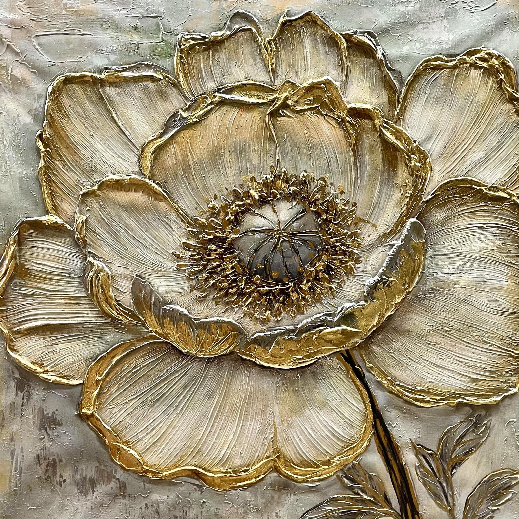 Gold & White Textured Flower Impasto Painting, Abstract 3D Floral Wall ...