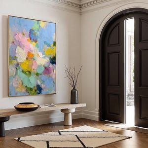 Colorful Abstract Floral Painting, Textured Impasto Flower Art, Modern Pastel Wall Decor, Dopamine Decor, Large Pink and Blue Painting