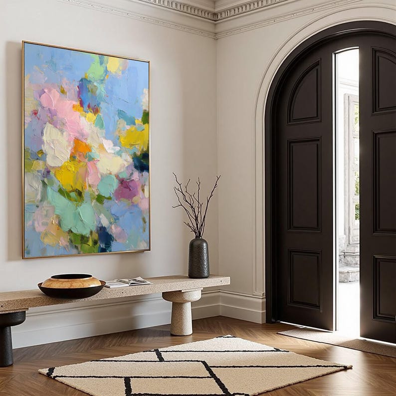 Colorful Abstract Floral Painting, Textured Impasto Flower Art, Modern Pastel Wall Decor, Dopamine Decor, Large Pink and Blue Painting