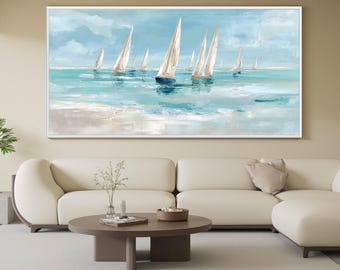 Grande peinture à l'huile de paysage marin de voilier sur la toile, art mural nautique abstrait d'océan