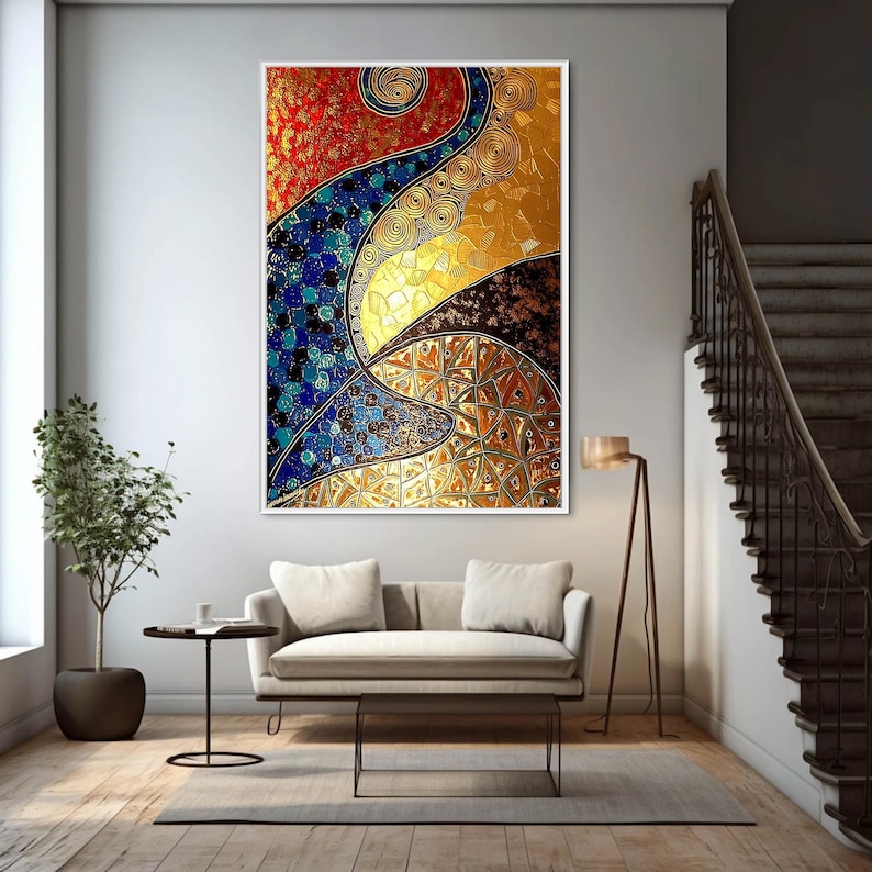 Klimt Inspired Abstract Painting, Gold Leaf Textured Canvas Wall Art ...