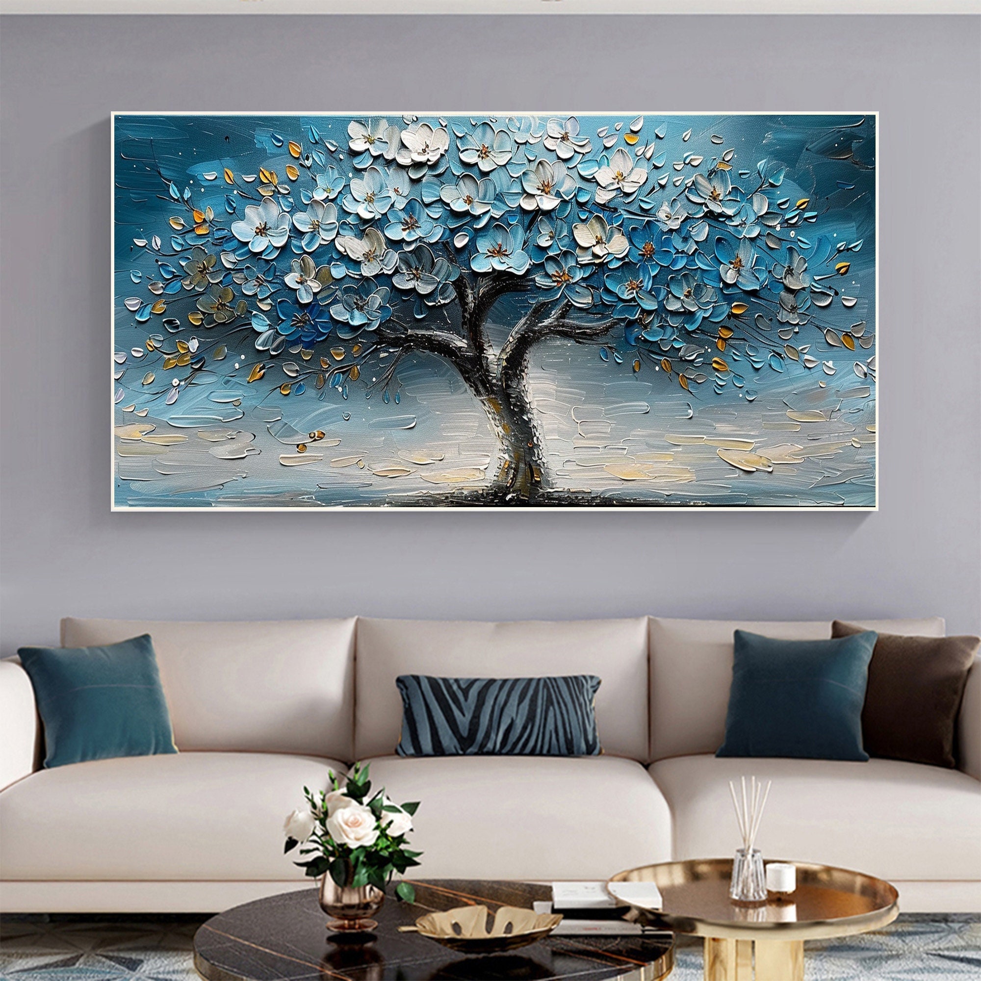 Large Original Blossom Tree Oil Painting On Canvas,Custom Wall Art,Abstract Texture Blue Flower Art, Boho Wall Décor, Living room Wall Decor