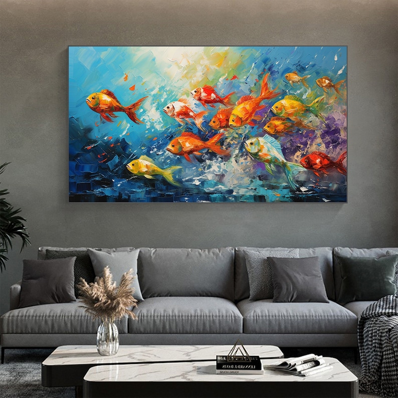 Abstract Fish Oil Painting on Canvas, Large Minimalist Wall Art - Etsy ...