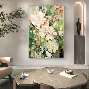 Abstract Flower Oil Painting on Canvas, Large Wall Art, Original Minimalist Green Floral Art Custom Painting Boho Wall Decor Living Room