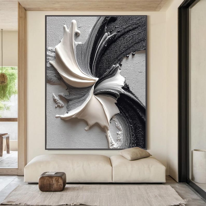 Abstract Black and White Oil Painting, Textured Palette Knife Art ...