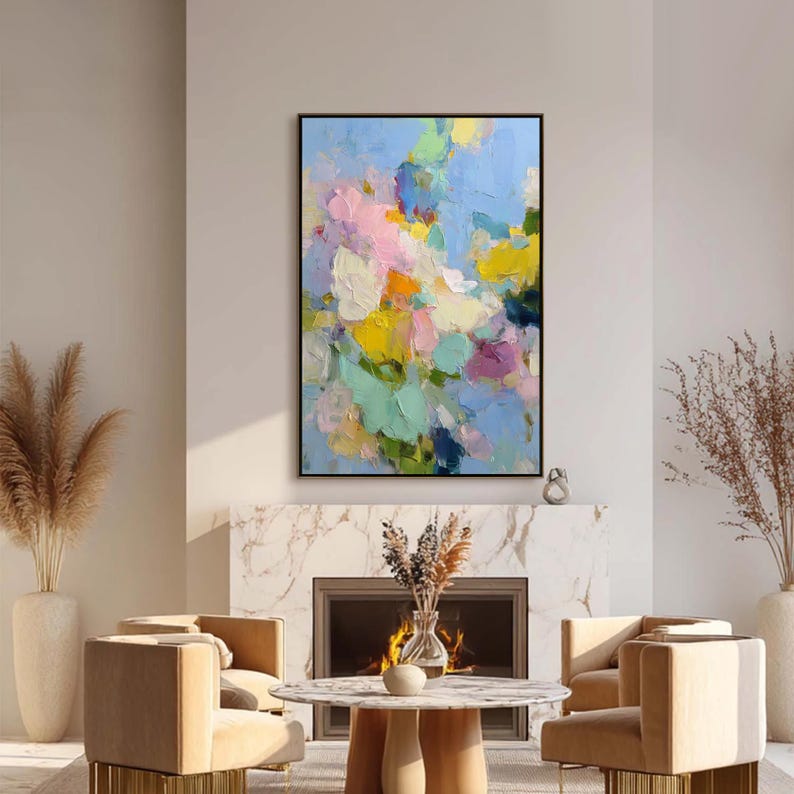 Colorful Abstract Floral Painting, Textured Impasto Flower Art, Modern Pastel Wall Decor, Dopamine Decor, Large Pink and Blue Painting