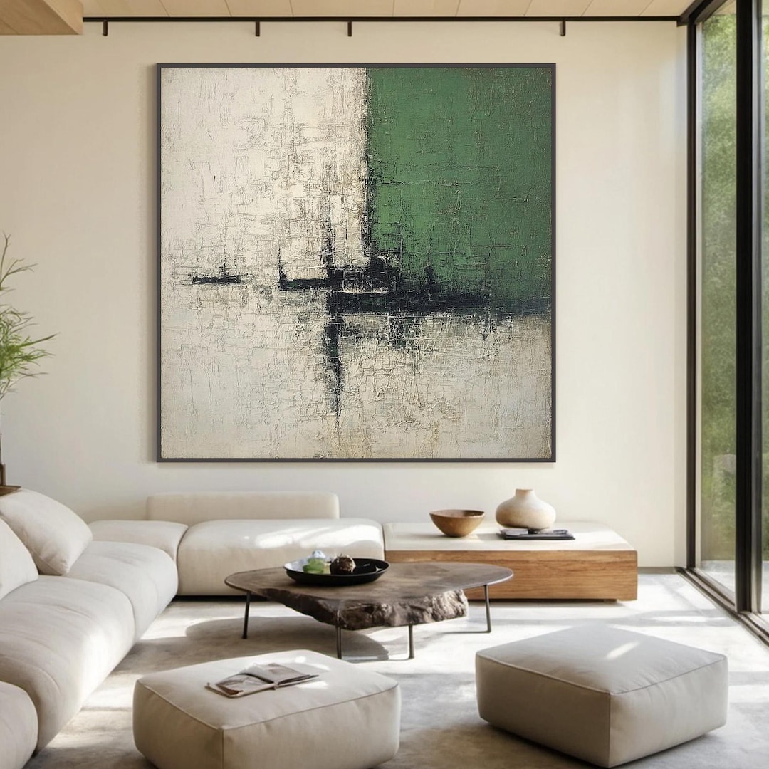 Large Textured Abstract Painting, Green White Wabi Sabi Wall Art ...