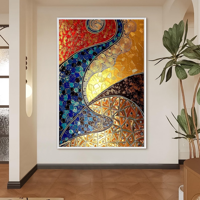 Klimt Inspired Abstract Painting, Gold Leaf Textured Canvas Wall Art ...