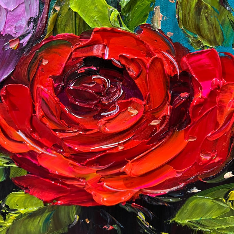 Large Red Rose Oil Painting on Canvas, Abstract Floral Impasto Art - Etsy
