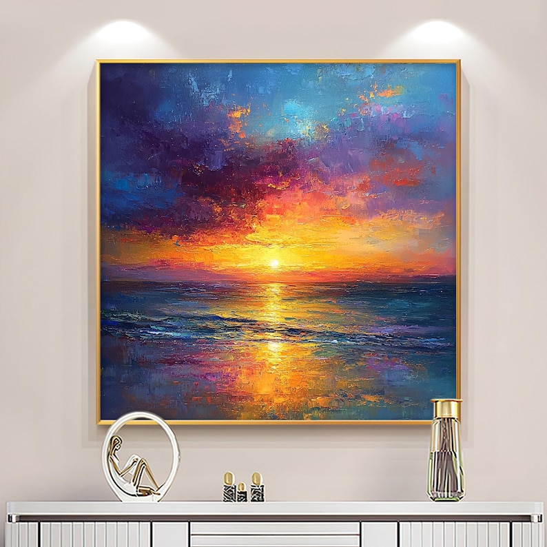 Original Ocean Sunset Oil Painting on Canvas, Abstract Seascape Wall ...