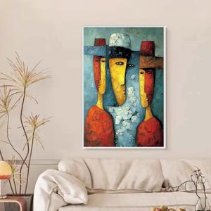 Large Abstract Figurative Painting, Colorful Textured Cubism Wall Art, Red Yellow Blue Portrait, Modern Original For Living Room Statement