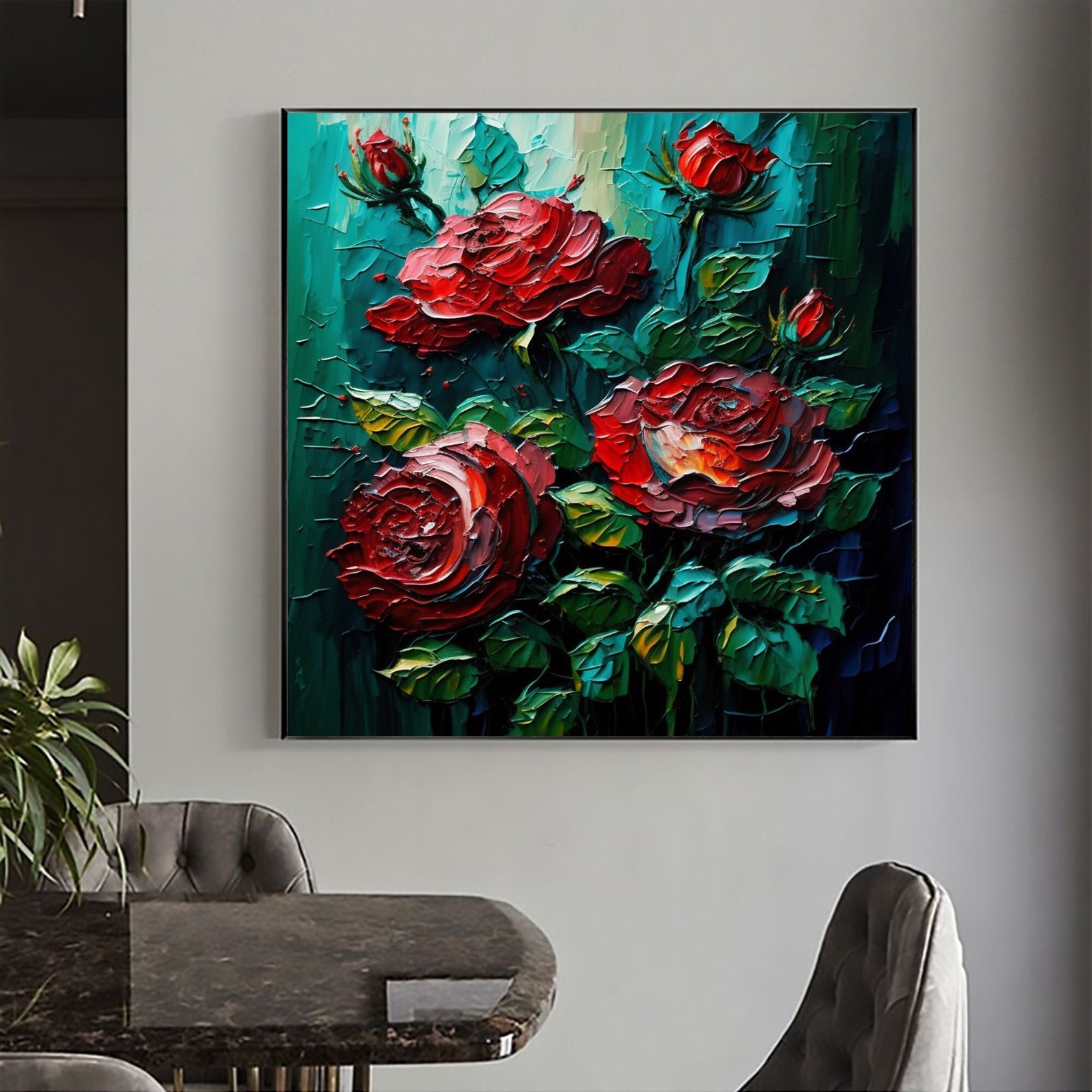 Large Original Red Rose Oil Painting on Canvas, Abstract Blooming Roses