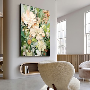 Abstract Flower Oil Painting on Canvas, Large Wall Art, Original Minimalist Green Floral Art Custom Painting Boho Wall Decor Living Room