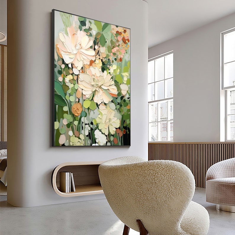 Abstract Flower Oil Painting on Canvas, Large Wall Art, Original Minimalist Green Floral Art Custom Painting Boho Wall Decor Living Room