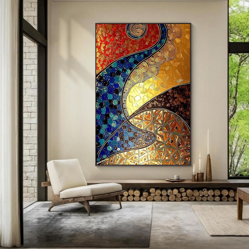 Klimt Inspired Abstract Painting, Gold Leaf Textured Canvas Wall Art ...