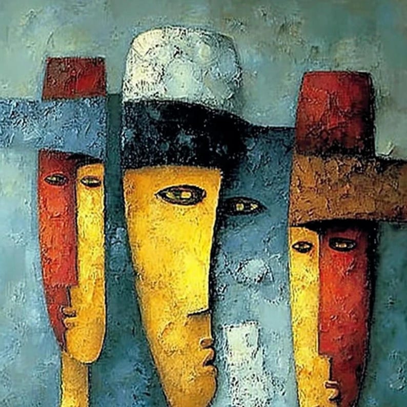 Large Abstract Figurative Painting, Colorful Textured Cubism Wall Art, Red Yellow Blue Portrait, Modern Original For Living Room Statement