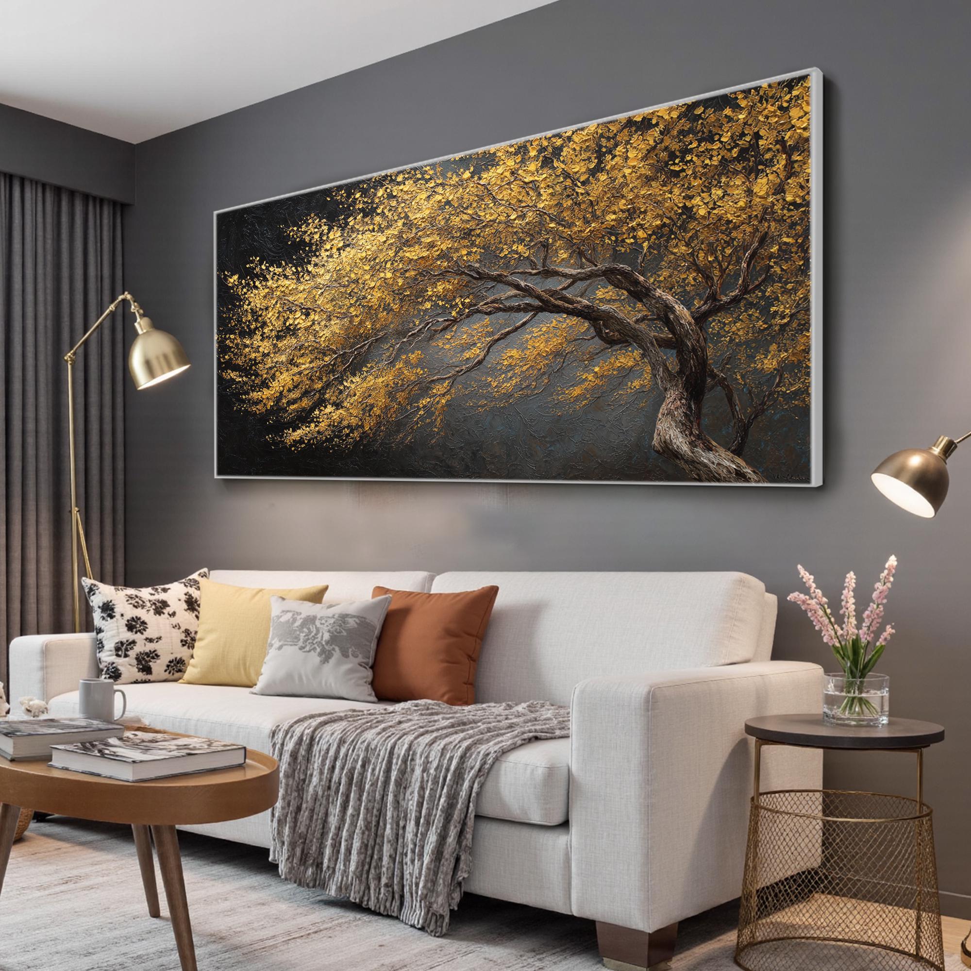 Large Original Golden Tree Oil Painting on Canvas, Abstract Texture ...
