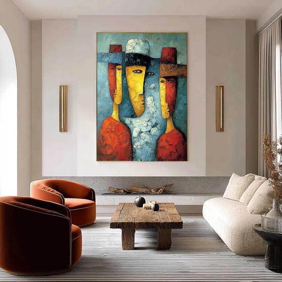 Large Abstract Figurative Painting, Textured Cubism Wall Art, Red Yellow Blue Portrait