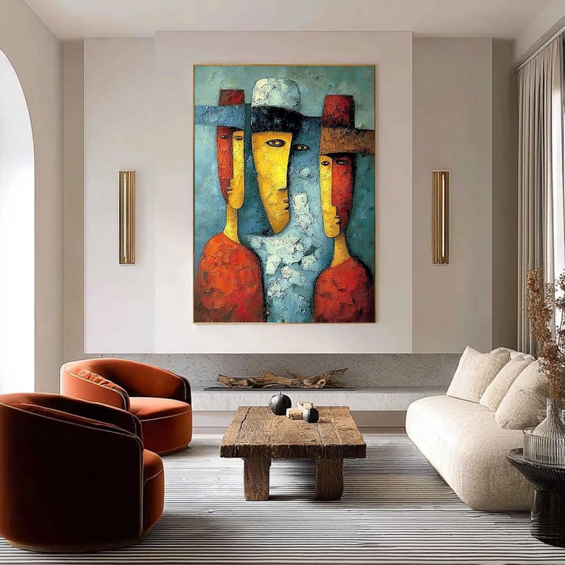 Large Abstract Figurative Painting, Colorful Textured Cubism Wall Art, Red Yellow Blue Portrait, Modern Original For Living Room Statement