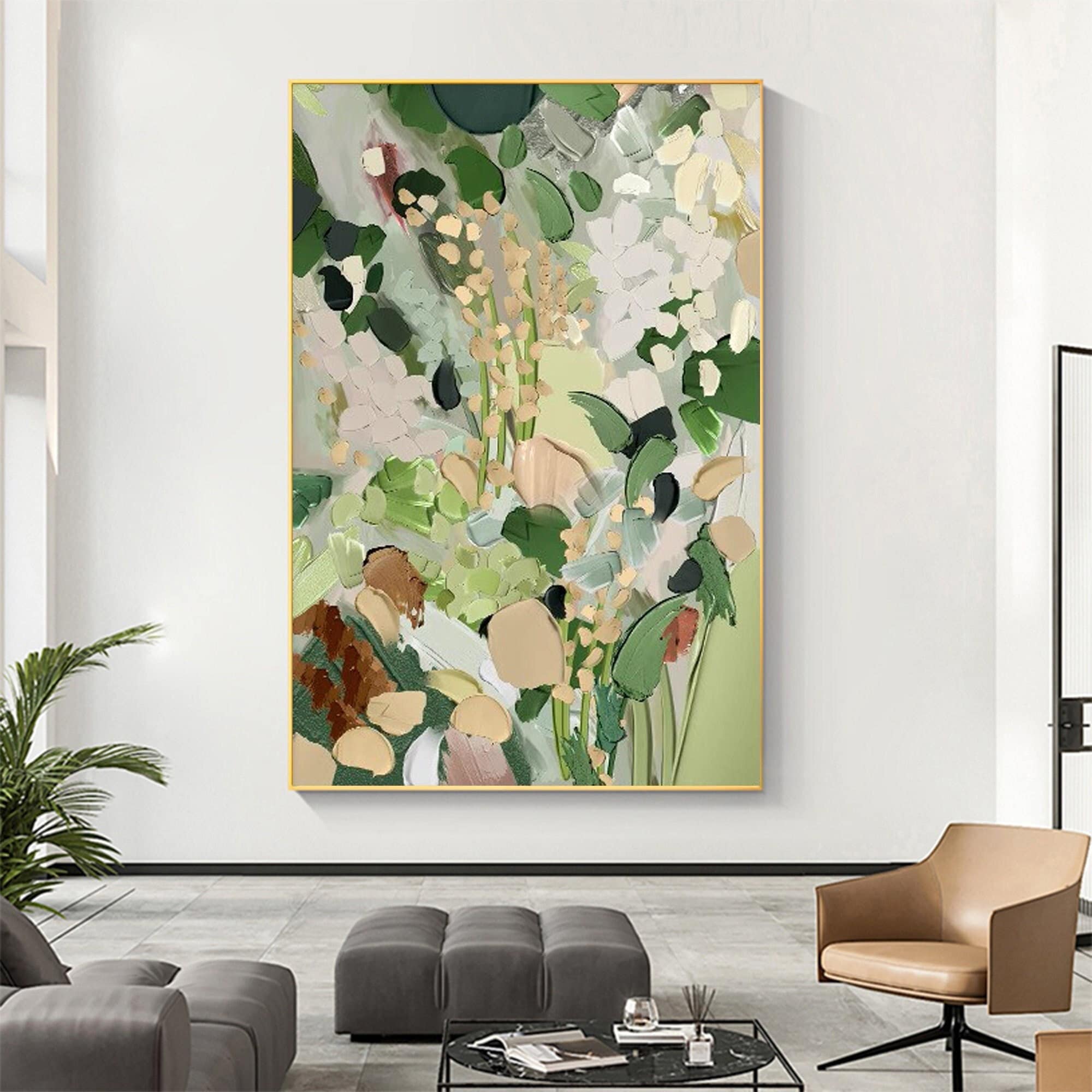 Abstract Green Flower Oil Painting on Canvas, Original Floral Minimalist Art, Large Wall Art, Custom Painting, Boho Wall Decor Living Room