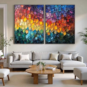 Modern Abstract Palette Knife Oil Painting,Original Colorful 3D Textured Wall Art,Large Luxury Wall Art,A Set of 2 Diptych,Living room Decor