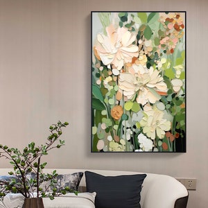 Abstract Flower Oil Painting on Canvas, Large Wall Art, Original Minimalist Green Floral Art Custom Painting Boho Wall Decor Living Room