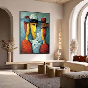 Large Abstract Figurative Painting, Colorful Textured Cubism Wall Art, Red Yellow Blue Portrait, Modern Original For Living Room Statement
