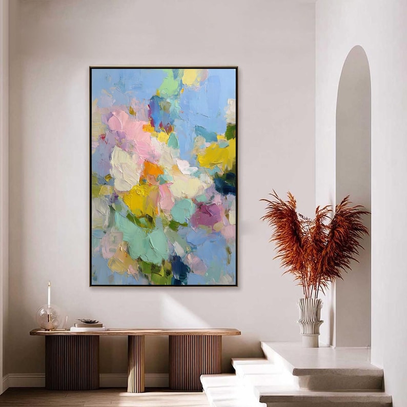 Colorful Abstract Floral Painting, Textured Impasto Flower Art, Modern Pastel Wall Decor, Dopamine Decor, Large Pink and Blue Painting