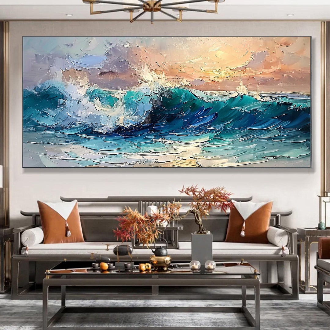 Abstract Ocean Wave Oil Painting on Canvas, Large Boho Wall Art - Etsy