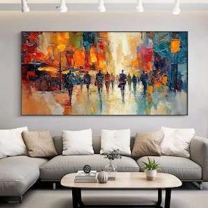Vibrant Abstract Textured Cityscape Oil Painting, Large Original Impasto Colorful City Walk Wall Art, High-end Home Decor, Living Room Decor