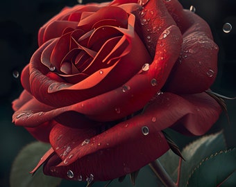 May include: A single red rose with water droplets on the petals. The rose is in focus and the background is blurred.