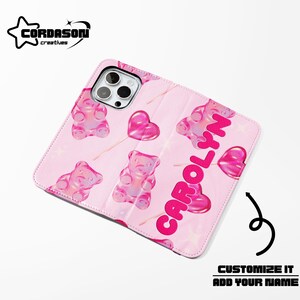 Roze Gummy Bear portemonnee telefoonhoesje roze folio telefoonhoesje creditcard telefoonhoes veganistisch leer voor iPhone 16 15 14 Samsung Galaxy S24 23 22