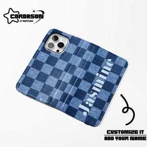 Faux Denim Checkerboard Geldbörse Handy Hülle Blau Folio Hülle aus veganem Leder für iPhone 16 15 14 Samsung Galaxy S24 23 22