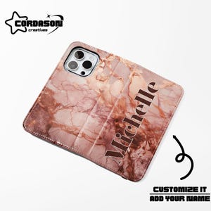 Funda para teléfono con billetera de mármol en oro rosa, funda para teléfono con folio de mármol, funda para teléfono con tarjeta de crédito, funda de cuero vegano para iPhone 16, 15, 14, Samsung Galaxy S24 y S23