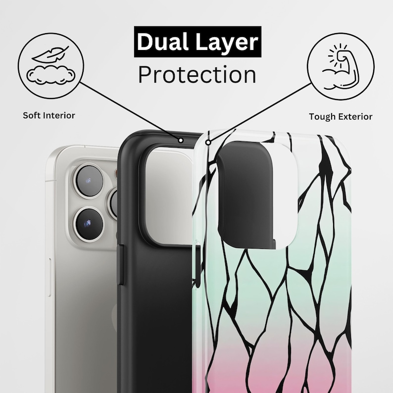 May include: A dual-layer phone case with a soft interior and tough exterior. The case features a black and white design with pink and green accents. The text "Dual Layer Protection" is displayed on the case.