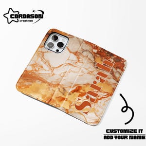 Funda para teléfono tipo billetera de mármol naranja, funda tipo folio de mármol, funda para teléfono con tarjetero de cuero vegano para iPhone 16, 15, 14, Samsung Galaxy S24, 23 y 22
