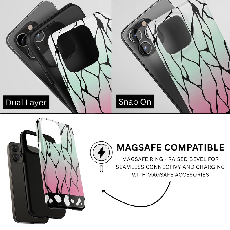 May include: Phone cases with a white, pink, and green design. The image shows a dual-layer case and a snap-on case. The text reads "MAGSAFE COMPATIBLE" and describes the features of the case.