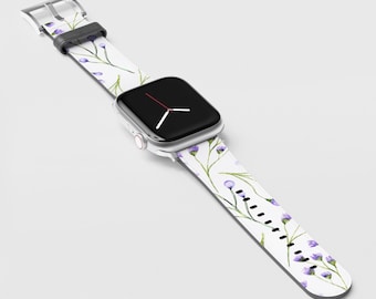 Fioletowy pasek do zegarka Apple Watch z motywem dzikich kwiatów, wszystkie serie 38 40 41 42 44 45, wegańska skóra ekologiczna