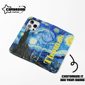 Funda para teléfono con billetera Starry Night, funda tipo folio Van Gogh, funda para teléfono con tarjetero de cuero vegano para iPhone 16, 15, 14, Samsung Galaxy S24, 23 y 22