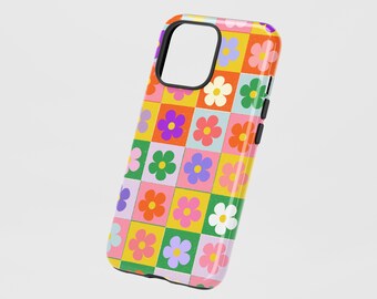 Funda para teléfono con estampado floral a cuadros: protección de doble capa.
