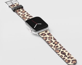Correa de Apple Watch de piel vegana con estampado de leopardo marrón (todas las series)