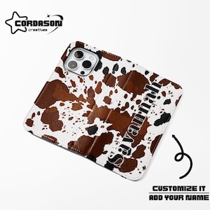 Kuh Print Brieftasche Handyhülle Folio Braun Kuh Handyhülle Kreditkarten Handyhülle aus veganem Leder für iPhone 16 15 14 Samsung Galaxy S24 23 22