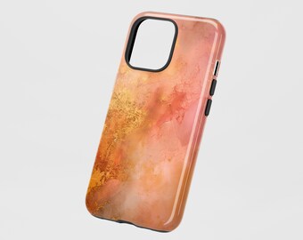 Funda para teléfono color mármol naranja: doble capa, opción MagSafe.